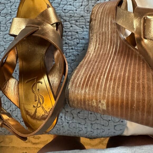 YVES STAINT LAURENT Gold Wedge Heel Size 37 spring summer open toe - Picture 8 of 8